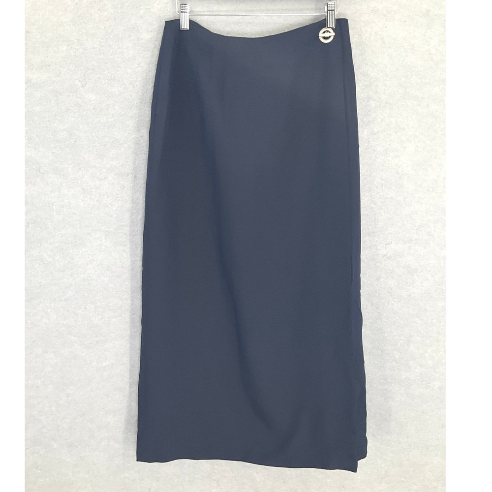 Dana Buchman Wrap Skirt Womens Sz 10 Navy Blue Silk Wool Blend Straight‎ Career